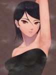  1girl absurdres arm_up armpits bangs bare_shoulders black_dress black_eyes black_hair boruto:_naruto_next_generations breasts brown_background collarbone commentary dress highres looking_at_viewer miru_(wvjc7832) naruto_(series) parted_lips red_eyes sharingan short_hair simple_background sleeveless sleeveless_dress small_breasts solo strapless strapless_dress sweat uchiha_sarada 