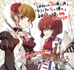  1boy 1girl beatrice belt black_dress blonde_hair blue_eyes choker ciconia_when_they_cry dress frilled_dress frilled_sleeves frills gauntlets grin holding holding_pipe mitake_miyao pipe red_hair red_neckwear remotaro rose_hair_ornament smile strap umineko_no_naku_koro_ni white_background yellow_eyes 