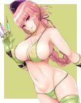  1girl bare_shoulders between_fingers bikini border braid breasts cameltoe cleavage cocq_taichou covered_nipples elbow_gloves fate/grand_order fate_(series) florence_nightingale_(fate/grand_order) gloves green_background green_bikini green_gloves green_legwear hair_ribbon halterneck hat large_breasts lips long_hair navel nipples nurse_cap parted_lips pink_eyes pink_hair puffy_nipples ribbon see-through shiny shiny_hair single_braid single_thighhigh skindentation solo sweat swimsuit syringe thighhighs trick_or_treatment white_border 