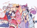  4girls animal_ears artist_name bag bell blonde_hair blue_hair blush bow bowtie breasts brown_eyes cat_ears cat_girl cat_tail cheek-to-cheek closed_eyes commentary_request copyright_name dated delmin_(show_by_rock!!) dress drill_hair fang flower fox_ears fox_girl fox_tail hair_flower hair_ornament hair_ribbon holding_hands howan_(show_by_rock!!) hug hug_from_behind jacket jingle_bell large_breasts long_hair mashima_himeko_(show_by_rock!!) multiple_girls nail_polish oni_horns open_mouth pnd_pon purple_hair ribbon ruhuyu_(show_by_rock!!) satchel show_by_rock!! simple_background skirt smile tail thighhighs very_long_hair white_background white_hair wolf_ears wolf_girl wolf_tail yuri 