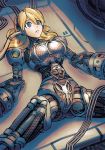  1girl alia_(rockman) android blonde_hair blue_eyes breasts cable dgrp_(minhduc12333) disassembly empty_eyes eyebrows_visible_through_hair highres large_breasts lying on_back parted_lips parts_exposed piston radio_antenna robot_joints rockman rockman_x solo spread_legs tube 