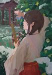  1girl bridge brown_hair highres japanese_clothes leaf looking_to_the_side looking_up miko original river scenery sketch smile snow solo twintails upper_body xilmo 