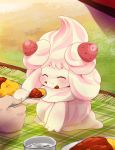  ^_^ alcremie closed_eyes creature curry curry_rice dagashi_(daga2626) eating food fruit gen_8_pokemon highres holding holding_spoon pokemon pokemon_(creature) rice solo_focus spoon strawberry 