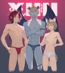  3boys abs animal_ear_fluff bikini_briefs black_briefs blonde_hair briefs brown_eyes brown_hair cat_boy cat_tail choker cropped_legs crossed_arms demon_boy demon_horns demon_tail demon_wings extra fatherlobin fundoshi grey_skin hand_on_hip hands_on_hips highres horn horns ishuzoku_reviewers japanese_clothes male_focus male_underwear multiple_boys neon_lights nipples orange_eyes pointy_ears red_fundoshi red_hair tail toned toned_male underwear underwear_only white_briefs wings 