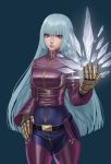  1girl arisku bangs belt black_belt blue_background blue_hair blunt_bangs breasts closed_mouth eyebrows highres kula_diamond large_breasts long_hair long_sleeves looking_at_viewer red_eyes simple_background smile snk solo the_king_of_fighters very_long_hair 