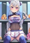  &gt;_&lt; 1girl armpit_crease armpit_cutout ass_visible_through_thighs azur_lane bangs bird blue_legwear blush bottle bow braid breasts casablanca_(azur_lane) casablanca_(cheer_squad_on_break)_(azur_lane) cheerleader chick cleavage commentary covered_collarbone covered_navel cowboy_shot crop_top eyebrows_visible_through_hair groin hair_between_eyes hair_bow holding holding_bottle large_breasts leotard leotard_under_clothes long_hair long_sleeves looking_at_viewer manjuu_(azur_lane) midriff miniskirt nya-c pleated_skirt pom_poms purple_bow purple_eyes ribbed_legwear sidelocks silver_hair sitting skirt solo_focus sweat thighhighs towel two-tone_skirt very_long_hair water_bottle whistle whistle_around_neck white_skirt zettai_ryouiki 