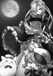  2girls arm_up azur_lane braid breasts garter_straps greyscale hair_over_one_eye hat highres large_breasts long_sleeves looking_at_viewer maid_headdress meowfficer_(azur_lane) monochrome moon multiple_girls night novel_illustration outdoors parted_lips pound_(azur_lane) raiou sheffield_(azur_lane) short_hair sky star_(sky) starry_sky thighhighs 