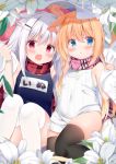  2girls :d animal_ear_fluff animal_ears bangs bare_arms bare_shoulders black_legwear blonde_hair blue_eyes blue_swimsuit blush cat_ears commentary_request dog_ears eyebrows_visible_through_hair fang feet_out_of_frame flower hair_between_eyes hand_up koinu-chan kujou_danbo long_hair lying multiple_girls on_back one-piece_swimsuit open_mouth original pink_scarf plaid plaid_scarf red_eyes red_scarf ribbed_sweater scarf school_swimsuit silver_hair sleeveless_sweater smile sweater swimsuit thighhighs very_long_hair white_flower white_legwear white_sweater 
