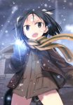  1girl absurdres animal_ears bandaid bandaid_on_face black_eyes black_hair brave_witches clenched_hand cloud cloudy_sky cowboy_shot dog_ears dog_tail gloves highres jacket kanno_naoe looking_at_viewer official_art scan scarf shimada_fumikane sky snow solo sparkle striped striped_scarf tail wind world_witches_series 