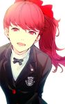  1girl bangs blazer bow bowtie highres jacket looking_at_viewer nonaka_nono open_mouth persona persona_5 persona_5_the_royal ponytail red_bow red_eyes red_hair school_uniform simple_background smile solo white_background yoshizawa_kasumi 