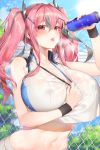  1girl absurdres azur_lane bangs bare_shoulders blush bottle breasts bremerton_(azur_lane) bremerton_(scorching-hot_training)_(azur_lane) chain-link_fence cleavage collarbone commentary covered_nipples crop_top crop_top_overhang day eyebrows_visible_through_hair fence hair_between_eyes hair_ornament hairclip heart heart_necklace heavy_breathing highres holding holding_bottle huge_breasts ia_(ias1010) long_hair looking_at_viewer midriff mole mole_under_eye multicolored_hair navel open_mouth outdoors pink_eyes pink_hair see-through shirt sidelocks skirt sky sleeveless sleeveless_shirt solo sportswear streaked_hair sweat tennis_uniform tongue tongue_out tree twintails wet wet_clothes x_hair_ornament 