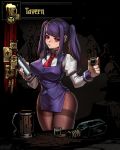  1girl alternate_breast_size black_legwear breasts covered_nipples crossover cup darkest_dungeon drinking_glass jill_stingray large_breasts necktie niur pantyhose pelvic_curtain purple_hair red_eyes shot_glass solo thermos twintails va-11_hall-a vest 