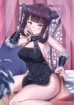  1girl bangs bare_shoulders black_dress blue_eyes blunt_bangs blush breasts china_dress chinese_clothes cleavage closed_mouth curtains detached_sleeves dress fate/grand_order fate_(series) hair_ornament large_breasts licking_lips long_hair looking_at_viewer mishiro0229 on_bed pillow purple_hair side_slit sideboob sidelocks sitting smile solo thighs tongue tongue_out twintails very_long_hair wariza yang_guifei_(fate/grand_order) 