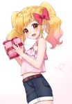  1girl :d aikatsu!_(series) aikatsu_on_parade! aikatsu_stars! anz32 bangs bare_arms bare_shoulders belt black_shorts blonde_hair blush bow box brown_belt brown_eyes camisole commentary_request eyebrows_visible_through_hair gift gift_box gradient gradient_background gradient_hair hair_bow heart holding holding_gift looking_at_viewer looking_to_the_side midriff multicolored_hair nijino_yume open_mouth pink_background pink_camisole pink_hair polka_dot red_bow short_shorts shorts smile solo twintails twitter_username white_background 