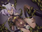  1girl alternate_eye_color alternate_hair_color azur_lane black_legwear black_leotard breasts censored choker consensual_tentacles corruption dark_background dark_persona hair_between_eyes hair_ornament heart heart-shaped_pupils heart_tattoo javelin_(azur_lane) leotard medium_breasts open_mouth ponytail pubic_tattoo pussy pussy_juice resonancq silver_hair siren_(azur_lane) smile solo symbol-shaped_pupils tattoo tentacle_sex tentacles yellow_eyes 