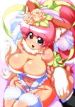  1boy 1girl absurdres animal_ears blush breasts cat_ears cat_tail cleavage cleavage_cutout gloves highres large_breasts leotard long_hair looking_at_viewer navel open_mouth paws perisie_(star_ocean) pink_hair ponytail red_eyes ryoi simple_background smile star_ocean star_ocean_first_departure tail 