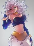  1girl android_21 black_sclera blue_eyes breasts choker cleavage collarbone detached_sleeves dragon_ball dragon_ball_fighterz earrings grey_background hand_up heterochromia hoop_earrings jewelry kemachiku large_breasts long_hair looking_at_viewer looking_to_the_side majin_android_21 midriff navel red_eyes simple_background smile solo white_hair yellow_choker 