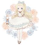  1girl alice_(wonderland) alice_in_wonderland ayu_(mog) black_footwear blonde_hair blue_bow blue_eyes blue_flower blue_hairband bow bright_pupils closed_mouth dress floral_background flower full_body hair_bow hairband holding layered_dress leotard long_hair looking_at_viewer original pantyhose red_flower red_rose rose shoes solo white_dress white_legwear white_rabbit wristband 
