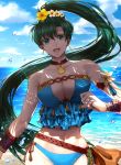  1girl bare_shoulders belt bikini blue_sky breasts cleavage cloud cloudy_sky collarbone commentary_request day delsaber earrings fire_emblem fire_emblem:_the_blazing_blade fire_emblem_heroes flower green_eyes green_hair hair_flower hair_ornament hibiscus highres jewelry lips long_hair lyn_(fire_emblem) navel open_mouth outdoors ponytail side-tie_bikini simple_background sky smile solo stomach swimsuit tied_hair water water_drop wristband 