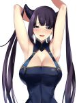  1girl akire_zz arm_behind_head armpits arms_up bangs bare_shoulders black_dress blue_eyes blunt_bangs blush breasts china_dress chinese_clothes cleavage covered_navel detached_sleeves dress fate/grand_order fate_(series) hair_ornament highres large_breasts long_hair looking_at_viewer open_mouth purple_hair sidelocks simple_background smile solo twintails very_long_hair white_background yang_guifei_(fate/grand_order) 