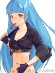  1girl akisa_(12023648) blue_hair breasts candy cleavage cropped_jacket food gloves kula_diamond long_hair looking_at_viewer navel red_eyes simple_background solo the_king_of_fighters the_king_of_fighters_2000 very_long_hair white_background 