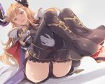  1girl akira_(coffee_curry) ass bangs black_footwear black_shorts blush breasts brown_eyes cloak gloves granblue_fantasy head_wings highres knees_up large_breasts legs long_hair looking_at_viewer open_mouth orange_hair short_shorts shorts sidelocks sitting smile solo song_(granblue_fantasy) swept_bangs white_cloak white_gloves 