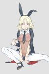  1girl :q animal_ears black_footwear black_hairband black_neckwear blonde_hair breasts bunny_ears bunnysuit collared_shirt copyright_request crotch_plate eyebrows_visible_through_hair fishnet_leotard grey_background haimura_kiyotaka hairband high_heels highres inverted_nipples leotard licking_lips long_sleeves looking_at_viewer medium_breasts medium_hair meme_attire necktie nipples red_eyes reverse_bunnysuit reverse_outfit shirt shrug_(clothing) simple_background sitting smile solo spread_legs thighhighs tongue tongue_out white_legwear white_leotard wing_collar wrist_cuffs 
