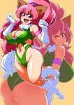  1girl :d absurdres animal_ears ass blush breasts cat_ears cat_tail cleavage cleavage_cutout gloves highres large_breasts leotard long_hair looking_at_viewer navel open_mouth paws perisie_(star_ocean) pink_hair ponytail red_eyes ryoi smile solo star_ocean star_ocean_anamnesis star_ocean_first_departure tail 