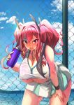  1girl :o azur_lane bare_shoulders blue_sky bottle breasts bremerton_(azur_lane) bremerton_(scorching-hot_training)_(azur_lane) chain-link_fence cleavage cloud commentary crop_top crop_top_overhang eyebrows_visible_through_hair fence hair_between_eyes hair_ornament headgear heart heart_necklace highres holding holding_bottle huge_breasts kanbukusai large_breasts leaning_forward multicolored_hair open_mouth pleated_skirt see-through shirt skirt sky sleeveless sleeveless_shirt sportswear streaked_hair sweat tennis_uniform thighs two-tone_skirt two_side_up underboob water_bottle white_skirt x_hair_ornament 