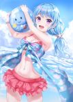  1girl :d arms_up ball bang_dream! bangs bare_arms bare_shoulders beachball bikini blue_hair blue_sky blush breasts cleavage cloud cloudy_sky commentary_request cover-up day dutch_angle earrings eyebrows_visible_through_hair frilled_bikini frills hair_between_eyes hair_ornament highres holding holding_ball horizon jewelry layered_bikini long_hair looking_at_viewer lunacle matsubara_kanon medium_breasts navel ocean open_mouth outdoors purple_eyes red_bikini seashell_hair_ornament see-through shiny shiny_hair sidelocks sky smile solo standing starfish_hair_ornament swimsuit 