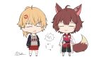  1boy 1girl ahoge anger_vein animal_ears april_fools argyle bandaged_leg bandages black_jacket black_pants blush_stickers brown_hair chibi closed_eyes closed_mouth dated detached_sleeves fox_ears fox_tail fumi_(nijisanji) genderswap genderswap_(ftm) genderswap_(mtf) grey_sweater hair_between_eyes hands_in_pockets highres hirai_yuzuki hood hoodie jacket japanese_clothes kanda_shouichi looking_at_viewer mask nijisanji open_clothes open_jacket pants pom_pom_(clothes) ponytail red_shirt red_skirt shirt short_hair signature simple_background skirt smile standing sweater tail virtual_youtuber white_background wide_sleeves yellow_eyes 