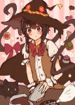  1girl absurdres alternate_costume black_hair candy cat chocolate chocolate_heart chomusuke cooking food hat heart highres kono_subarashii_sekai_ni_shukufuku_wo! megumin red_eyes short_hair tongue tongue_out valentine witch_hat yuno_(suke_yuno) 