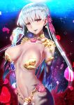  1girl bangs blush breasts cleavage collar dousunnen earrings fate/grand_order fate_(series) flower gradient gradient_background highres jewelry kama_(fate/grand_order) large_breasts long_hair looking_at_viewer lotus metal_collar navel open_mouth pink_ribbon ribbon silver_hair smile solo thighlet 