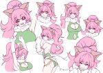  1girl :d absurdres animal_ears breasts cat_ears cat_tail cleavage cleavage_cutout closed_mouth gloves highres large_breasts leotard long_hair looking_at_viewer navel open_mouth paws perisie_(star_ocean) pink_eyes pink_hair ponytail ryoi simple_background smile solo star_ocean star_ocean_first_departure tail white_background 