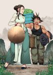  1boy 1girl black_hair breasts chi-chi_(dragon_ball) dragon_ball dragon_ball_(classic) harumaki lettuce medium_hair mountain muscle open_mouth short_hair smile son_gokuu spiked_hair vietnamese_dress wristband 