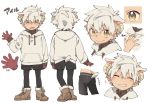  1boy animal_ears animal_toyroom boots character_sheet extra_ears gloves highres hood hoodie horns looking_at_viewer open_mouth original sheep_boy sheep_ears sheep_horns sheep_tail shorts simple_background smile solo tail virtual_youtuber waving white_background white_hair yellow_eyes 