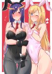  2girls ;) absurdres alternate_costume animal_ears bangs bare_shoulders bare_thighs between_breasts black_gloves black_legwear black_leotard blonde_hair blue_eyes blush bow bowtie breasts bunny_ears bunny_girl bunny_tail bunnysuit character_request cleavage covered_navel cowboy_shot detached_collar embarrassed eyebrows_visible_through_hair fake_animal_ears flying_sweatdrops gloves hand_on_another&#039;s_shoulder heart highres large_breasts leotard long_hair looking_at_viewer medium_breasts monster_strike multiple_girls nanohana_linestamp necktie necktie_between_breasts nose_blush one_eye_closed pantyhose parted_lips purple_eyes purple_hair red_background red_neckwear smile swept_bangs tail very_long_hair white_gloves white_leotard 