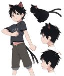  1boy animal_ears animal_toyroom black_hair cat cat_boy cat_ears cat_tail character_sheet closed_eyes extra_ears fang green_eyes highres jewelry looking_at_viewer midriff navel necklace nekomata original shirt shorts simple_background smile solo t-shirt tail virtual_youtuber white_background 
