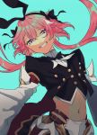  1boy absurdres astolfo_(fate) astolfo_(saber)_(fate) black_bow black_gloves black_neckwear black_ribbon bow bowtie braid commentary fate/apocrypha fate/grand_order fate_(series) gloves hair_intakes highres huge_filesize layered_skirt long_hair looking_at_viewer low_twintails midriff multicolored_hair navel otoko_no_ko otonashi02 pink_hair purple_eyes ribbon single_braid skirt smile streaked_hair twintails wing_collar 