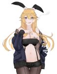  1girl alternate_costume bangs bare_shoulders between_breasts black_legwear black_shorts blonde_hair blue_coat blue_eyes blush breasts cigarette cleavage coat collarbone cowboy_shot dollar_sign front-seamed_legwear hair_between_eyes iowa_(kantai_collection) kantai_collection large_breasts long_hair long_sleeves money mouth_hold navel nello_(luminous_darkness) off_shoulder open_clothes open_coat pantyhose parted_lips pink_lips seamed_legwear short_shorts shorts simple_background smoke smoking solo star star-shaped_pupils stomach strapless symbol-shaped_pupils thigh_gap very_long_hair white_background 