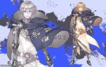  1boy armor artist_name blonde_hair blue_background blue_cape cape character_name closed_mouth excalibur holding holding_sword holding_weapon original personification plate_armor rosel-d solo sword touken_ranbu weapon zoom_layer 