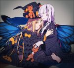  2girls abigail_williams_(fate/grand_order) bangs black_bow black_kimono blonde_hair bow butterfly_wings commentary_request fate/grand_order fate_(series) hakusai_(tiahszld) japanese_clothes keyhole kimono kneeling lavinia_whateley_(fate/grand_order) long_hair looking_at_viewer multiple_girls orange_bow pale_skin parted_bangs pink_eyes red_eyes red_nails smile stuffed_animal stuffed_toy teddy_bear wings 