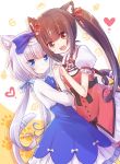  2girls absurdres animal_ears blue_dress blue_eyes brown_eyes brown_hair cat_ears cat_tail chocola_(nekopara) dress dutch_angle fang highres holding_hands long_hair looking_at_viewer multiple_girls nekopara nyaa_(nnekoron) open_mouth paw_print red_dress silver_hair skin_fang smile tail tail_ornament twintails two-tone_background vanilla_(nekopara) 