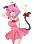  1girl ahoge animal_ears artist_request bare_shoulders blush cat_ears cat_tail collar commentary cosplay dress eyebrows_visible_through_hair fang gloves heart highres idolmaster idolmaster_cinderella_girls idolmaster_cinderella_girls_starlight_stage kemonomimi_mode momomiya_ichigo multicolored_hair paw_pose pink_dress pink_eyes pink_hair red_gloves shiny shiny_hair simple_background solo tail tokyo_mew_mew two-tone_hair white_background yumemi_riamu 