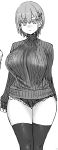  1girl asanagi bangs blush breasts closed_mouth curvy cutoffs denim denim_shorts eyebrows_visible_through_hair eyelashes feet_out_of_frame hair_between_eyes hair_ornament hairclip highres huge_breasts long_sleeves looking_at_viewer monochrome nose_blush short_shorts shorts smile solo sweater thigh_gap thighhighs turtleneck turtleneck_sweater white_background wide_hips 