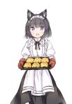  1girl :d animal_ear_fluff animal_ears apron black_hair black_skirt blush cat_ears commentary_request fang frilled_apron frills holding juliet_sleeves komugi_(wataame27) long_sleeves looking_at_viewer maid_headdress open_mouth original oven_mitts puffy_sleeves purple_eyes shirt short_hair simple_background skirt smile solo wataame27 white_apron white_background white_shirt 