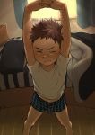  1boy a-roku_(eeroku) barefoot bed blush boxers brown_hair closed_eyes from_above highres morning original plaid shirt solo stretch sunlight t-shirt underwear window 