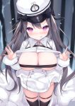  1girl :q areola_slip areolae azur_lane bangs beltbra black_bow black_hair black_legwear blush bow breasts breath cisyo cleavage closed_mouth double-breasted dress fur-trimmed_sleeves fur_trim groin hair_bow hat heart highres large_breasts long_hair long_sleeves nose_blush open_clothes pamiat_merkuria_(azur_lane) peaked_cap purple_eyes short_dress skindentation smile smug solo standing thigh_strap thighhighs tongue tongue_out two_side_up very_long_hair white_dress white_headwear 