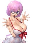  1girl amania_orz artist_name bow breasts cleavage dated fate/grand_order fate_(series) glasses hands_up highres large_breasts mash_kyrielight pink_hair purple_eyes red_bow short_hair smile swimsuit white_background white_swimsuit 