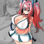  1girl arms_behind_back azur_lane bangs bare_shoulders bare_thighs blush breasts bremerton_(azur_lane) bremerton_(scorching-hot_training)_(azur_lane) collarbone commentary_request covered_nipples cowboy_shot crop_top drop_shadow eyebrows_visible_through_hair from_above green_skirt grey_background grey_hair grin groin hair_between_eyes hair_intakes hair_ornament hairclip heart heart_necklace highres holding_racket huge_breasts kouichi_(kouichi-129) large_breasts long_hair looking_at_viewer midriff mole mole_under_eye multicolored_hair navel pink_eyes pink_hair racket shirt sidelocks sideways_mouth signature skirt sleeveless sleeveless_shirt smile sportswear standing streaked_hair tennis_racket tennis_uniform twintails two-tone_hair two-tone_skirt white_skirt zoom_layer 